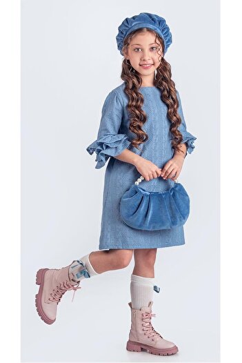 Mnk Baby&Kids Miss Clarice Kız Çocuk Fransız Bere, Çanta, Çorap Ve Elbise Takım M00704 Mavi