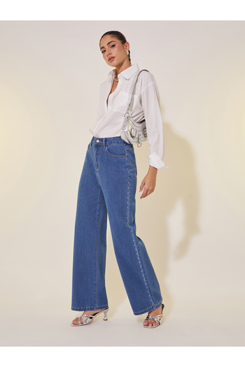 Take Two By Styli Mid Rise Studded Wide Leg Jeans