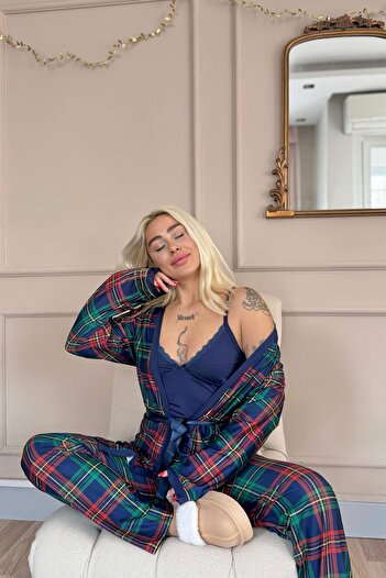 Pijamaevi Navy Tartan Exclusive Women's Pajama Set with Knitted Dressing Gown