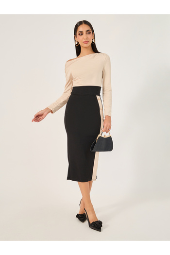 Take Two By Styli Color Block Long Sleeve Bodycon Midi Dress