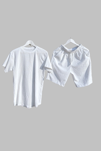 Ferhatlı Bürümcük Crinkle Fabric Summer Lycra Unisex Women's Men's Shorts T-Shirt Set