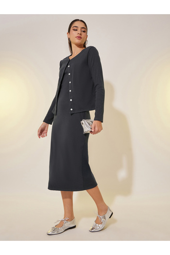 Take Two By Styli Solid Knitted Buttoned Cardigan and Dress Set