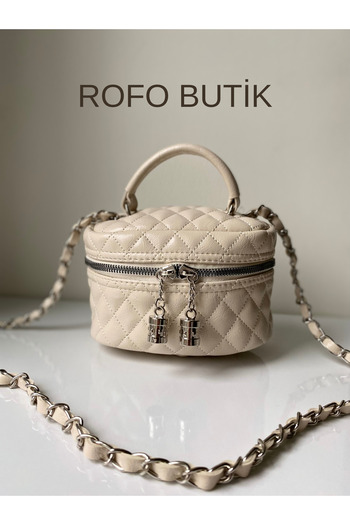 RBH Rofo Boutique Shiny Mini Box με λουράκι αλυσίδας και κλείσιμο με φερμουάρ Γυναικεία τσάντα χεριών και ώμου Luna Beige