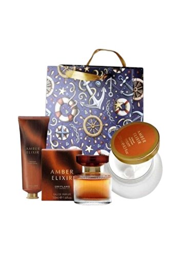 Oriflame Set Amber Elixir (parfum 50 ml, crema corp 250, crema maini 75) si punga cadou inclusa