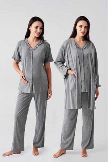Artış Short Sleeve Buttoned Cotton Maternity Dressing Gown Pajama Set