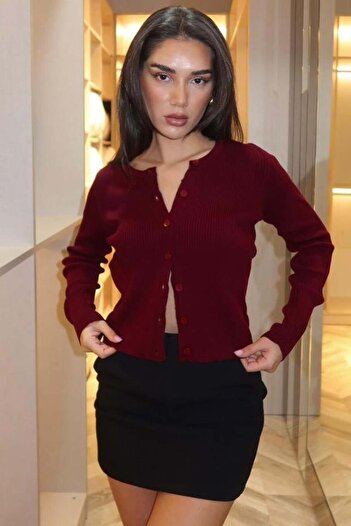 Seeh Bordo Düğmeli Uzun Kollu Triko Hırka SH209