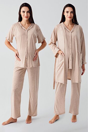 Artış Short Sleeve Buttoned Cotton Maternity Dressing Gown Pajama Set