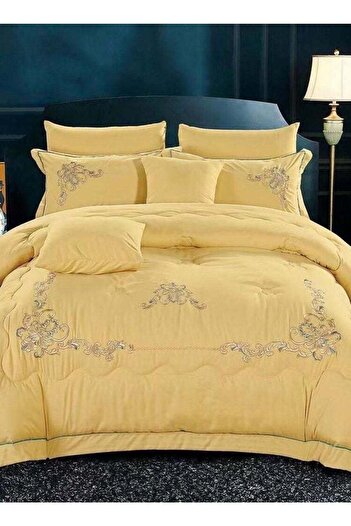 Comfy Dream KINGSIZE PURE COTTON 8 PC HONEY GOLD EMBROIDERY COMFORTER SET