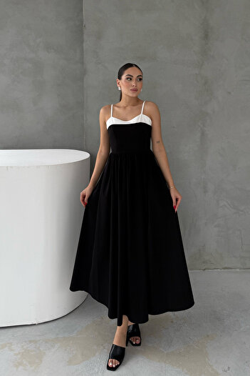 Seda Yalçın Atelier Black Gathered Dress with Garnish on the Front