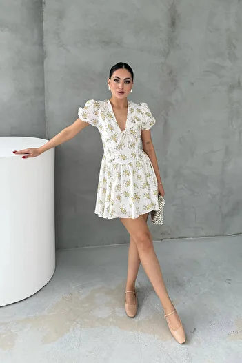 Seda Yalçın Atelier Balloon Sleeve Yellow Floral Mini Dress