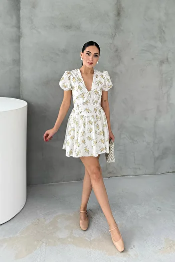 Seda Yalçın Atelier Balloon Sleeve Yellow Floral Mini Dress