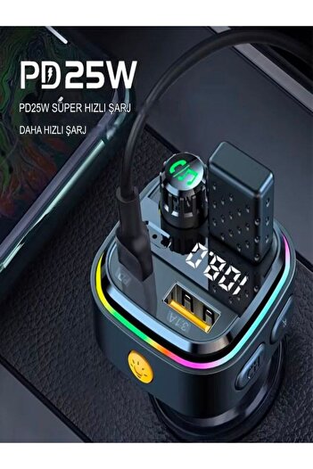 DEANB Car-İn Bluetooth Wireless 3.1A 2USB TF Kartlı Type-C RGB Işıklı Araç İçi FM Transmitter Şarj Cihazı