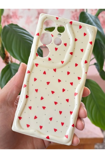 Fibaks Galaxy S24 Ultra Case with Camera Protection Wave Edge Red Heart Pattern Silicone Cover