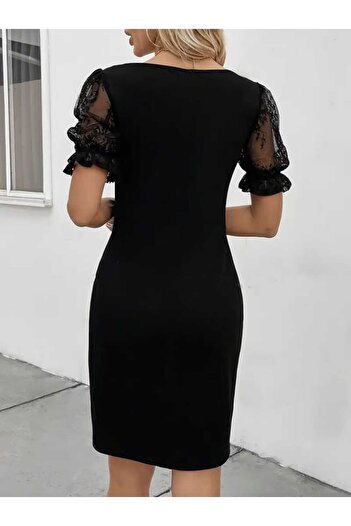 Kokosh moda Kadın Kolu Dantel Detaylı V Yaka  Krep Elbise