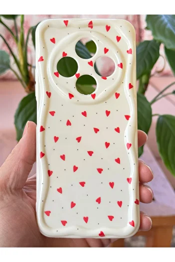 Fibaks Xiaomi Redmi 14C Case with Camera Protection Wave Edge Red Heart Pattern Silicone Cover