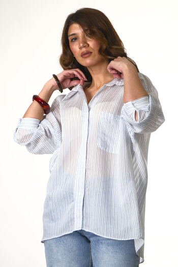ABBRA Women's Off-Shoulder Slim Stripe Shirt