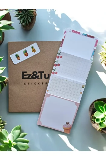 Ez&Tu Stıcker Set of 4 Patterned Cube with Strawberry and Cherry Avocado Cake Sticker Gift