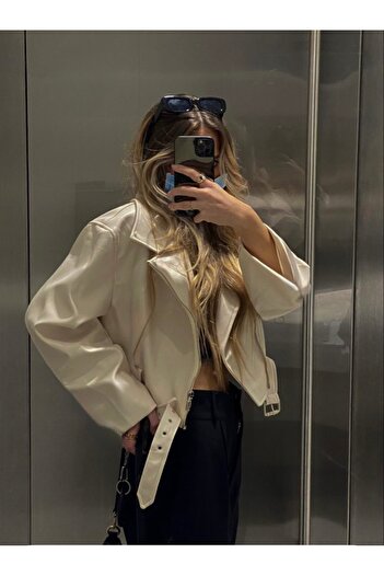 NET OF NOT New Season Oversize Γυναικείο Λευκό Δερμάτινο Μπουφάν Biker