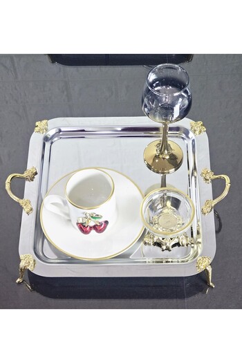 atabey home collection 2 Pcs Tray Coffee & Tea & Presentation Tray Silver Tray with Rose Foot & Handles