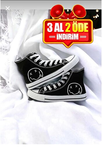 Lideral Unisex Siyah Beyaz Smile Baskılı Convers Model Rahat Keten Bilekli Sneaker Günlük Spor Ayakkabı