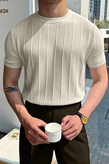 BİRBEYSTORE Ανδρικό πλεκτό T-Shirt με λαιμόκοψη
