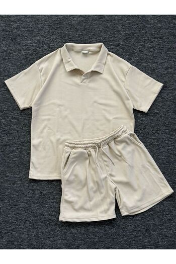 Altamira Men's Beige Honeycomb Polo Neck T-Shirt Shorts Set