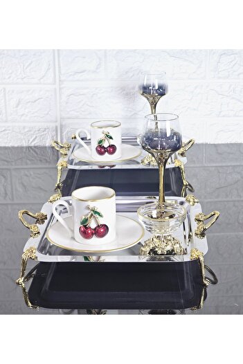 atabey home collection 2 Pcs Tray Coffee & Tea & Presentation Tray Silver Tray with Rose Foot & Handles