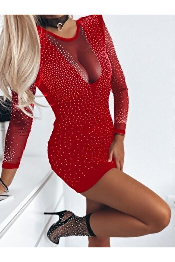 MODA Edolika Women's Long Sleeve Round Neck Low-Cut Rhinestone Diver Dress