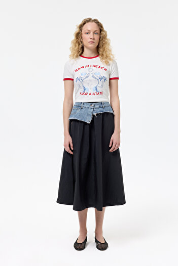 Quzu Black Midi Skirt - Denim Waist, Technical Fabric