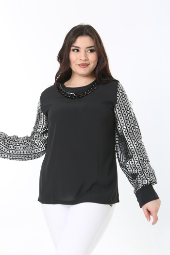 Şans Women's Large Size Gray Crepe Blouse with Collar Accessories 65N38872