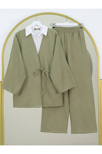 Modamorfo Kimono Suit with Front Tie Trousers - Khaki