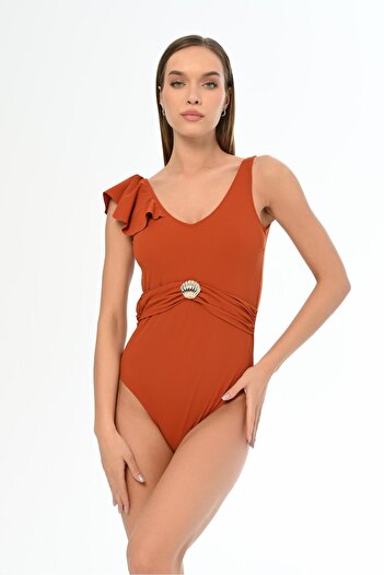 AQUAVİVA Aquaviva Women's Cinnamon Annabella One Shoulder Flywheel Detailed Belted Swimsuit
