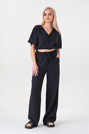 Fashion Showcase Muslin 100% Natural Cotton Elastic Waist Wide Leg Trousers - Black