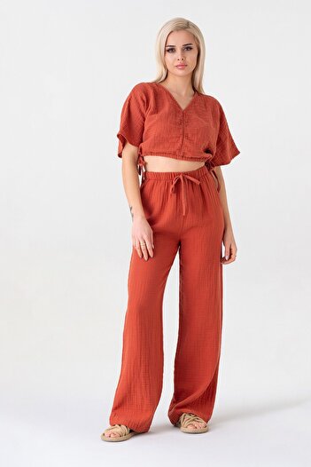 Fashion Showcase 100% Cotton Elastic Waist Wide Leg Trousers - Muslin Tile