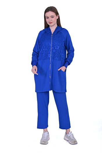 Invee Invee 6876 Lace Detailed Two Thread Suit - Sax