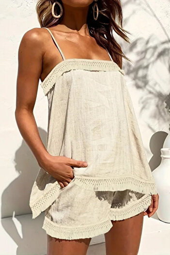 Edit by Trendyol Beige Strappy Blouse-Shorts Woven Bottom-Top Set Tedss25Au00002