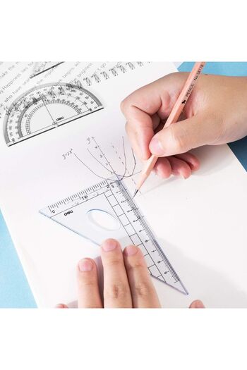Deli مجموعة مسطرة بلاستيكية شفافة لأدوات الهندسة الرياضية، مكونة من 4 قطع، تتضمن مسطرة مستقيمة، ومسطرة مثلثة،