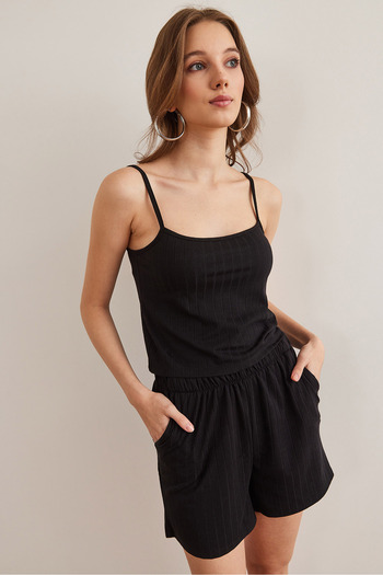 Olalook Women's Black Top Strap Blouse Bottom Pocket Shorts Pajama Suit Pjm- 00000021