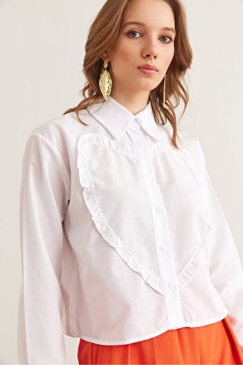 Olalook Weißes, gewebtes Crop-Shirt mit Herzdetails für Damen GML- 19001302
