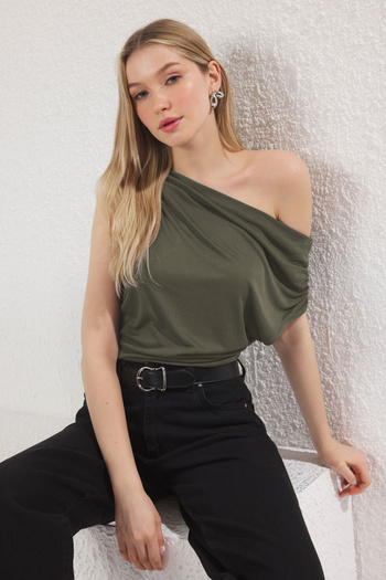 Trendyol Collection Khaki More Sustainable Modal Flowing Fabric Fitted Asymmetric Collar Knitted Blouse Twoss25Bz00398