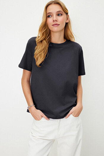 Trendyol Collection Πλεκτό T-Shirt Basic Crew Neck - Anthracite, 100% Cotton - TWOSS23TS00000