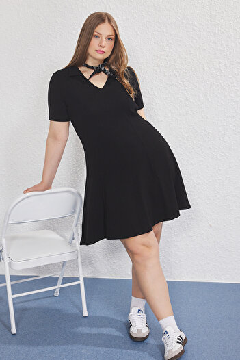 Trendyol Curve Black Polo Collar Camisole A-Line Knitted Large Size Dress Tbbss25Ah00214