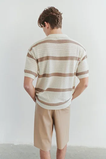 Trendyol Collection Limitovaná edice Ecru Regular Polo Neck Pruhované pletené tričko Polo Neck TMNSS24PO00004