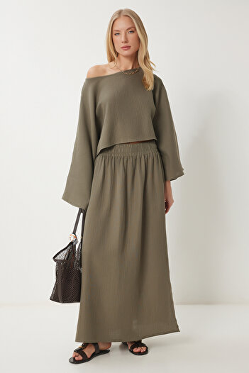 Happiness İstanbul Women's Khaki Muslin Blouse Skirt Set Rv00206