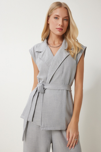 Happiness İstanbul Gray Belted Women's Vest Palazzo, Woven Suit By00056