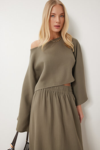Happiness İstanbul Women's Khaki Muslin Blouse Skirt Set Rv00206