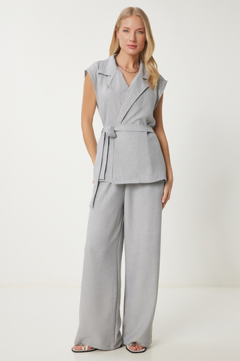 Happiness İstanbul Gray Belted Women's Vest Palazzo, Woven Suit By00056