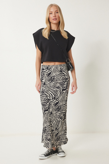 Happiness İstanbul Schwarz-cremefarbener gemusterter Satinrock für Damen UB00345