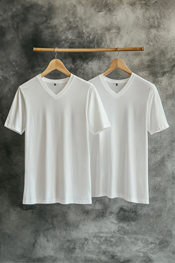 Trendyol Collection Λευκό κοντομάνικο μπλουζάκι με λαιμόκοψη σε V-λαιμόκοψη 2 πακέτο 100% βαμβακερό - TMNSS19BO0075