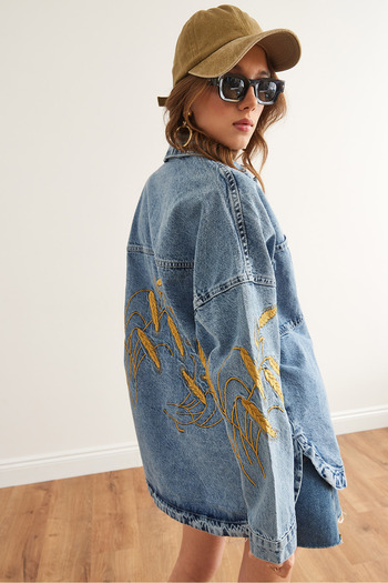 Olalook Kadın Mavi Sarı Buğday Nakışlı Oversize Denim Ceket CKT-19000432